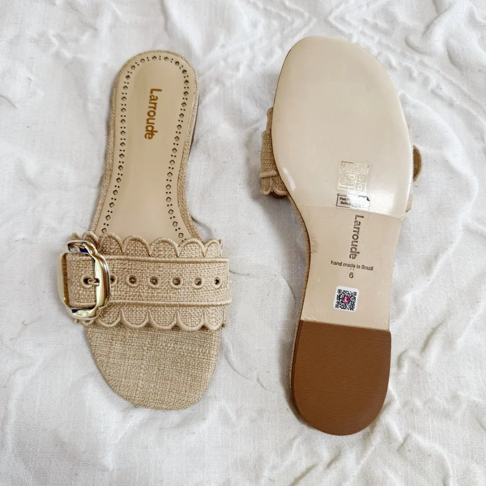 Larroudé Ivy Broderie Flat Sandal In Beige Raffia Size 6 New - Picture 8 of 11